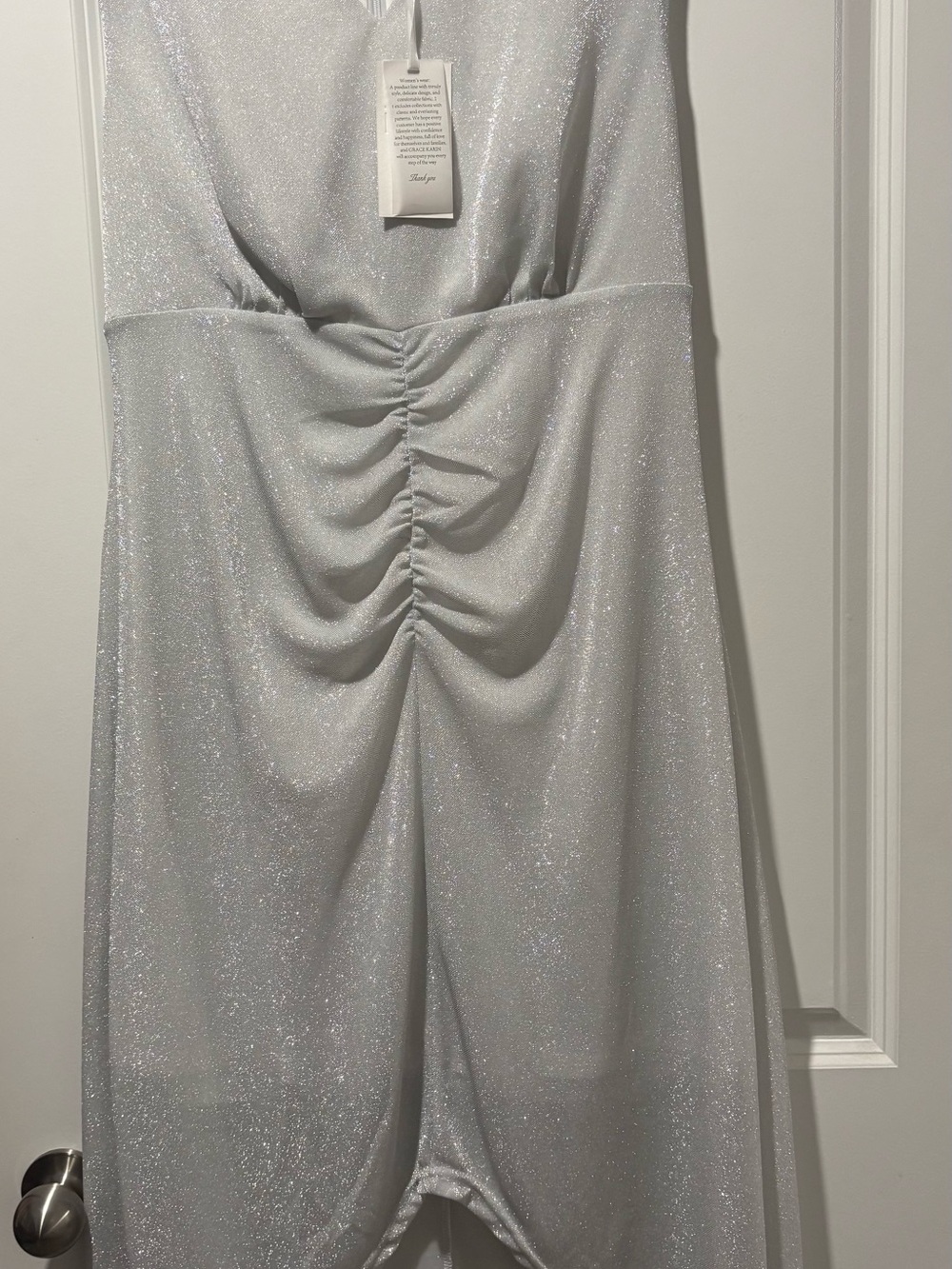 Grace Karin Silver Glitter Ruched Midi Dress